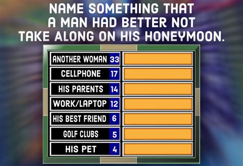 Family feud adult questions - Name Something Men Do In The Bathroom That Really Ticks Women Off. Leave Seat Up 34 points. Pee On Seat 26 points. Don’t Clean Sink 21 points. Cut Their Hair 5 points. Leave Underware 4 points. Read 3 points. 4 answers.